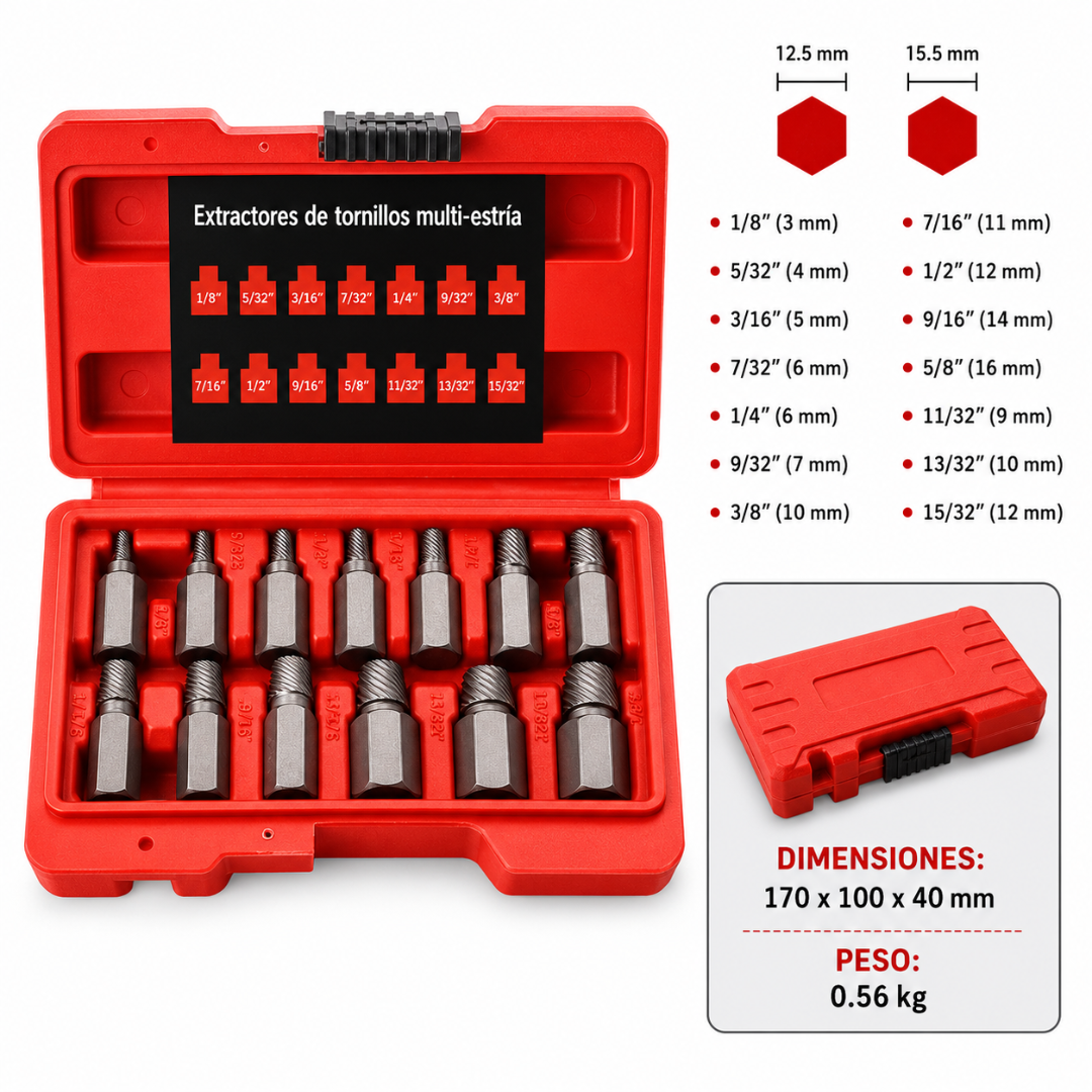 KIT DE EXTRACTORES DE TORNILLOS — Saca tornillos pelados y rotos sin fuerza