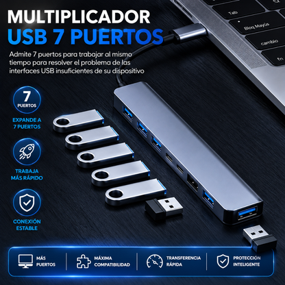 HUB USB 7 EN 1 DE ALTA VELOCIDAD – Más puertos, más orden y máxima productividad en cada conexión
