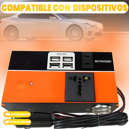 INVERSOR DE CORRIENTE PARA VEHÍCULO – Convierte tu carro en una toma de corriente — carga el portátil, el parlante y más desde cualquier lugar
