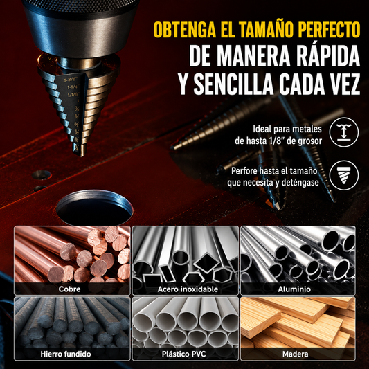 SET DE BROCAS ESCALONADAS — Una broca, múltiples tamaños, madera metal y plástico
