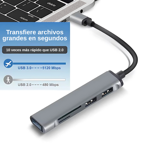 HUB TIPO C 5 EN 1 - (3 PUERTOS USB, 1 PUERTO SD, 1 PUERTO TF) – Conecta todo desde un solo puerto