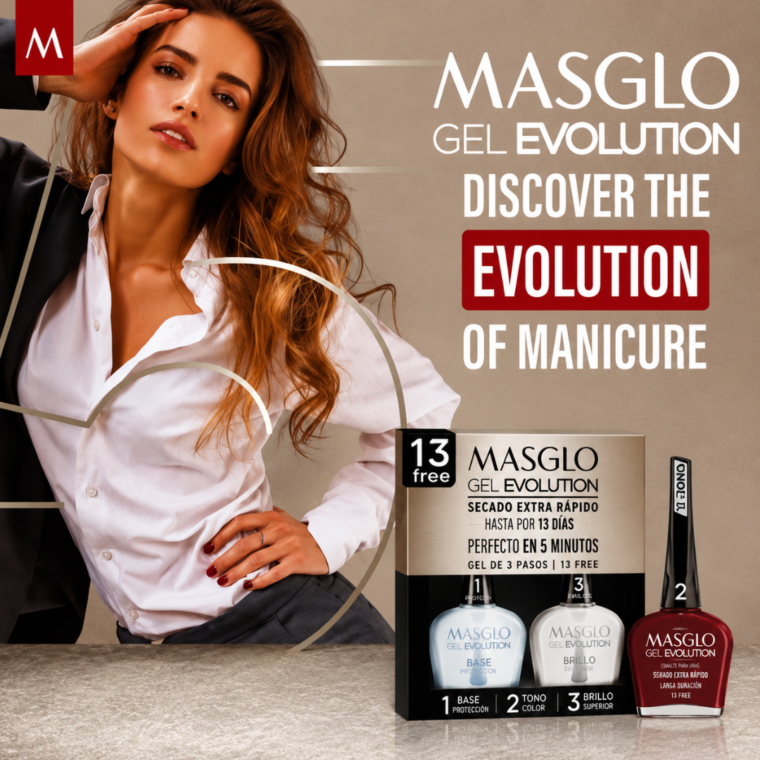 SISTEMA COMPLETO MASGLO GEL EVOLUTION BASE, TONO AUSENTE Y BRILLO 135 ML - Sistema 3 pasos que seca en 5 minutos, dura semanas y no maltrata la uña