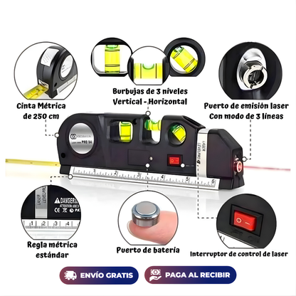 FLEXÓMETRO NIVEL LÁSER 4 EN 1 – Mide, nivela y alinea con precisión donde lo necesites