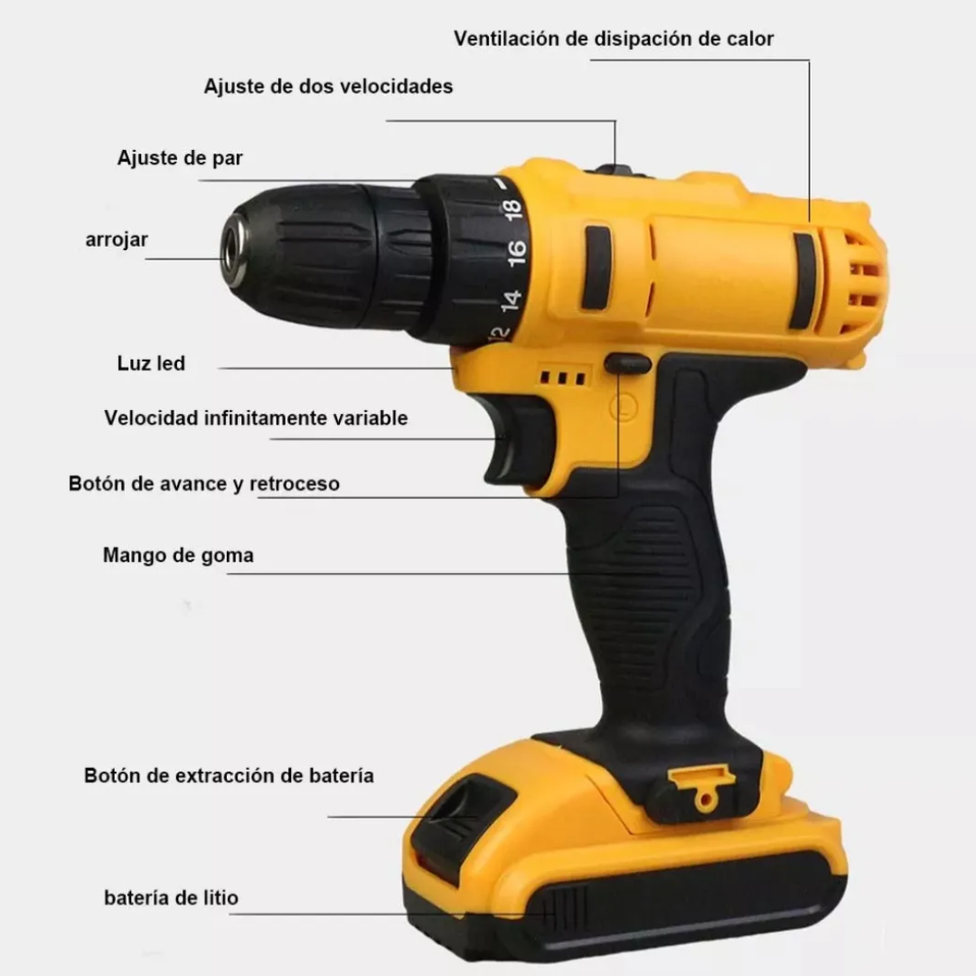 KIT DE TALADRO INALAMBRICO 2 BATERIAS — Potencia total y autonomía con doble batería