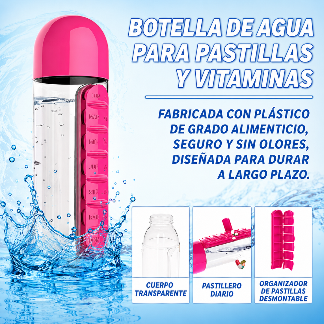 ORGANIZADOR DE VITAMINAS 2 EN 1 — El termo y el pastillero en un solo objeto. Tu rutina, simple y siempre lista.