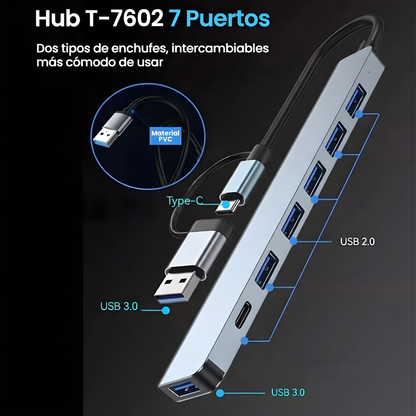 HUB USB 7 EN 1 DE ALTA VELOCIDAD – Más puertos, más orden y máxima productividad en cada conexión
