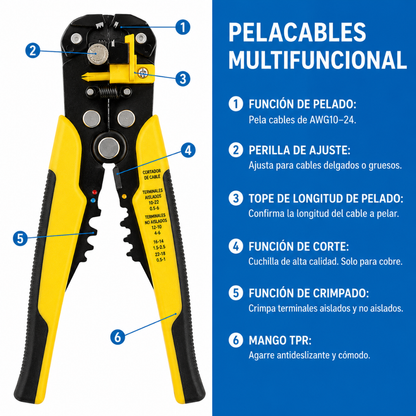 PINZAS PELA CABLES — Pelar, cortar y crimpar con una sola herramienta