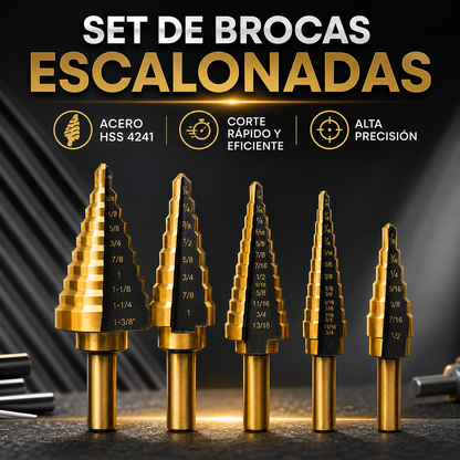 SET DE BROCAS ESCALONADAS — Una broca, múltiples tamaños, madera metal y plástico