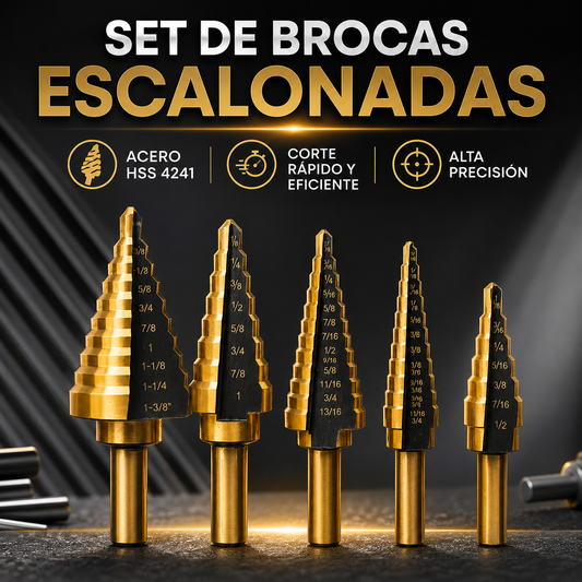 SET DE BROCAS ESCALONADAS — Una broca, múltiples tamaños, madera metal y plástico