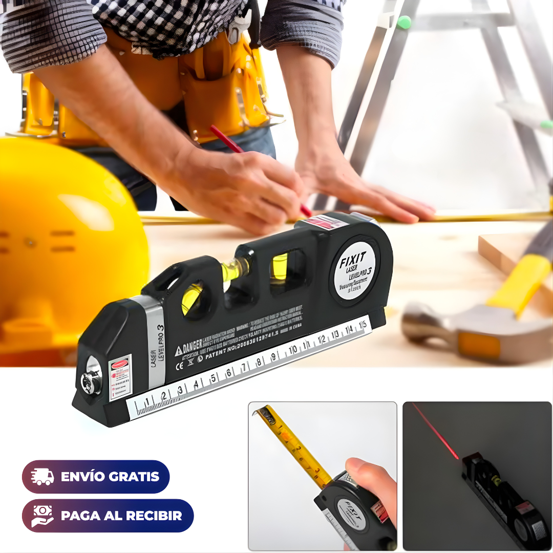 FLEXÓMETRO NIVEL LÁSER 4 EN 1 – Mide, nivela y alinea con precisión donde lo necesites