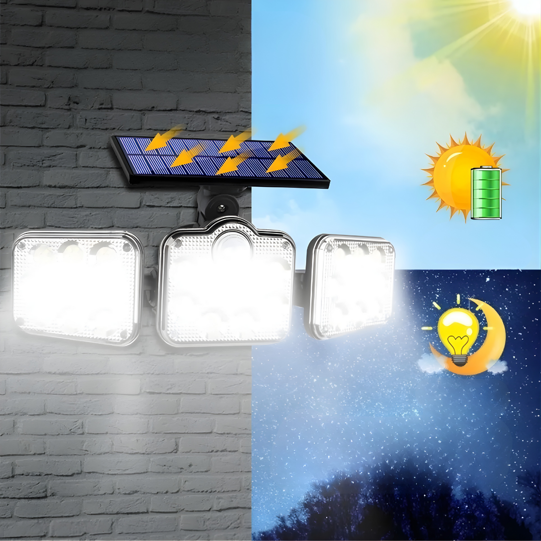 LUZ SOLAR EXTERIOR TRIPLE CABEZAL – Iluminación potente 360°, mayor cobertura y seguridad inteligente para tus espacios