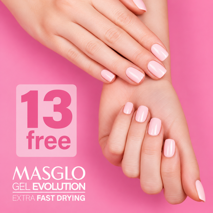 SISTEMA COMPLETO MASGLO GEL EVOLUTION BASE, TONO AUSENTE Y BRILLO 135 ML - Sistema 3 pasos que seca en 5 minutos, dura semanas y no maltrata la uña