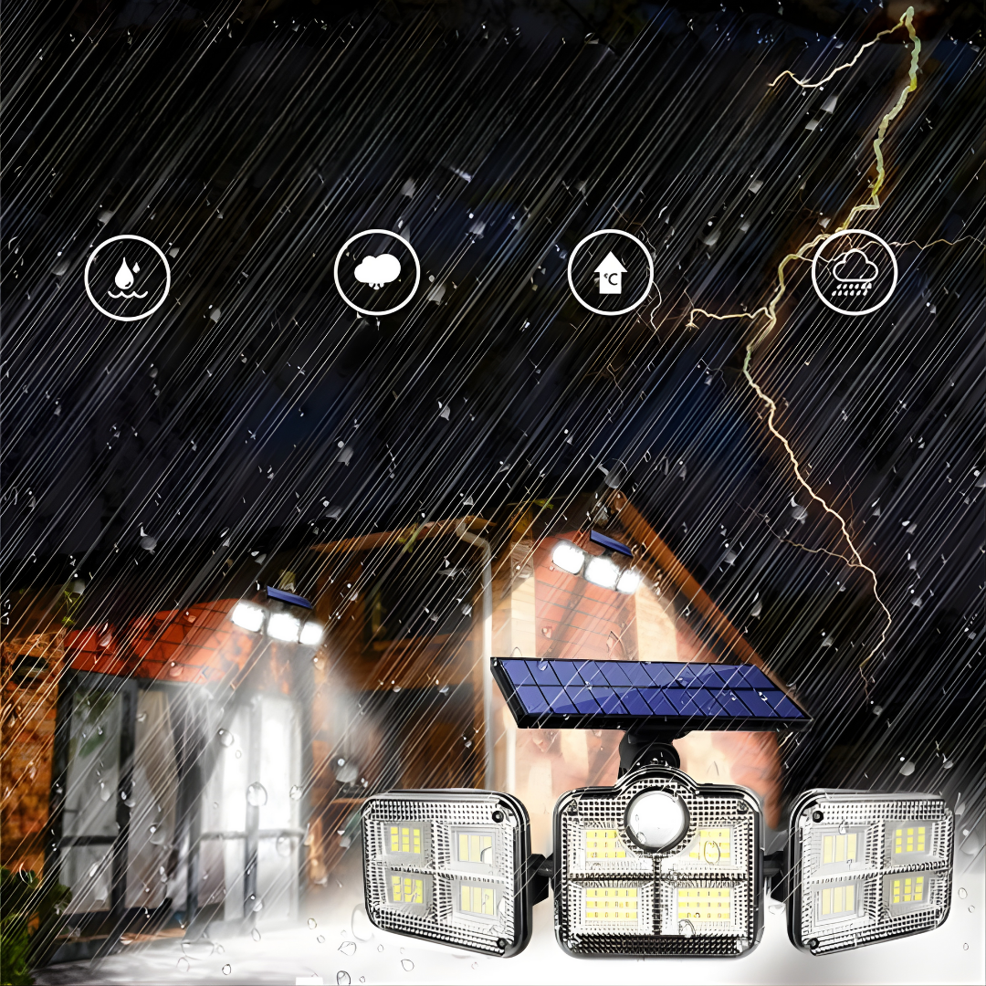 LUZ SOLAR EXTERIOR TRIPLE CABEZAL – Iluminación potente 360°, mayor cobertura y seguridad inteligente para tus espacios