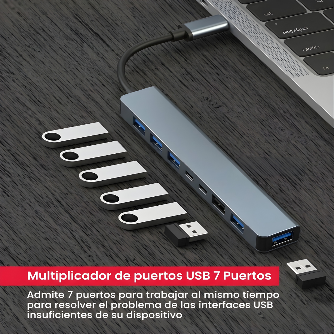 HUB USB 7 EN 1 DE ALTA VELOCIDAD – Más puertos, más orden y máxima productividad en cada conexión