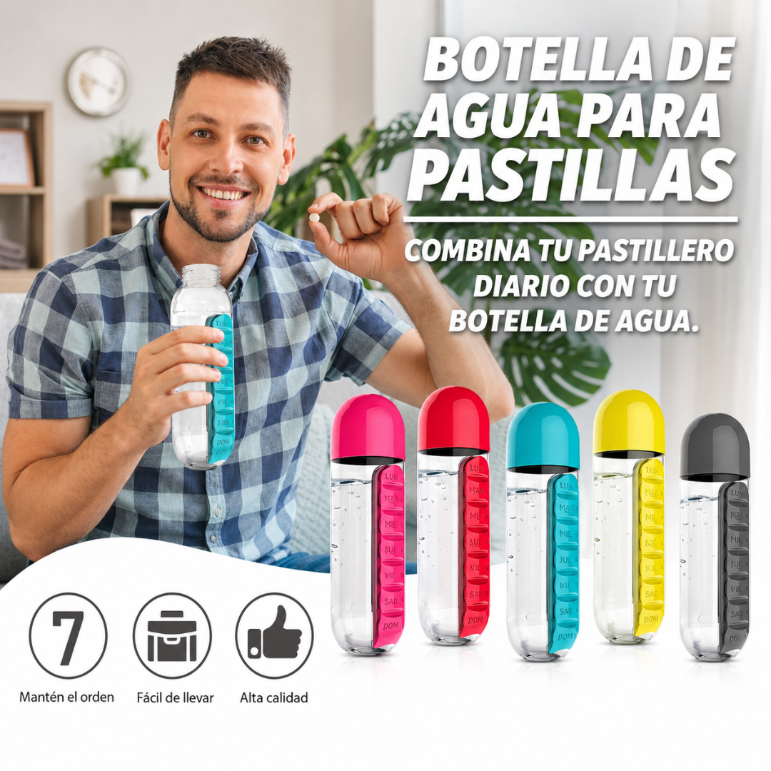 ORGANIZADOR DE VITAMINAS 2 EN 1 — El termo y el pastillero en un solo objeto. Tu rutina, simple y siempre lista.