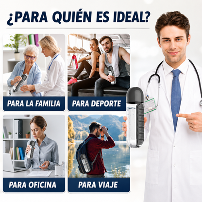 ORGANIZADOR DE VITAMINAS 2 EN 1 — El termo y el pastillero en un solo objeto. Tu rutina, simple y siempre lista.