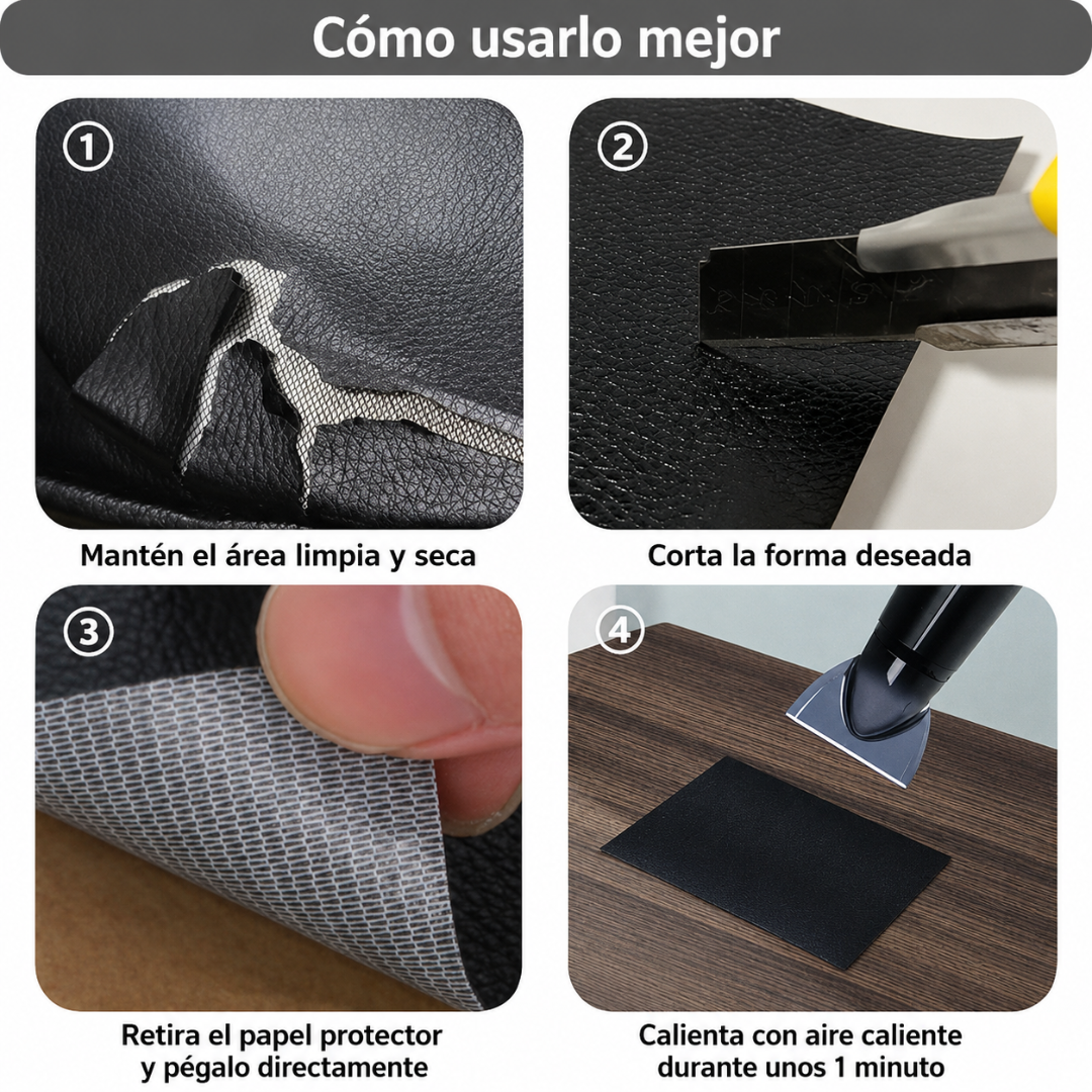 PARCHE ADHESIVO DE CUERO SINTÉTICO — Repara, renueva y dale nueva vida a tus superficies