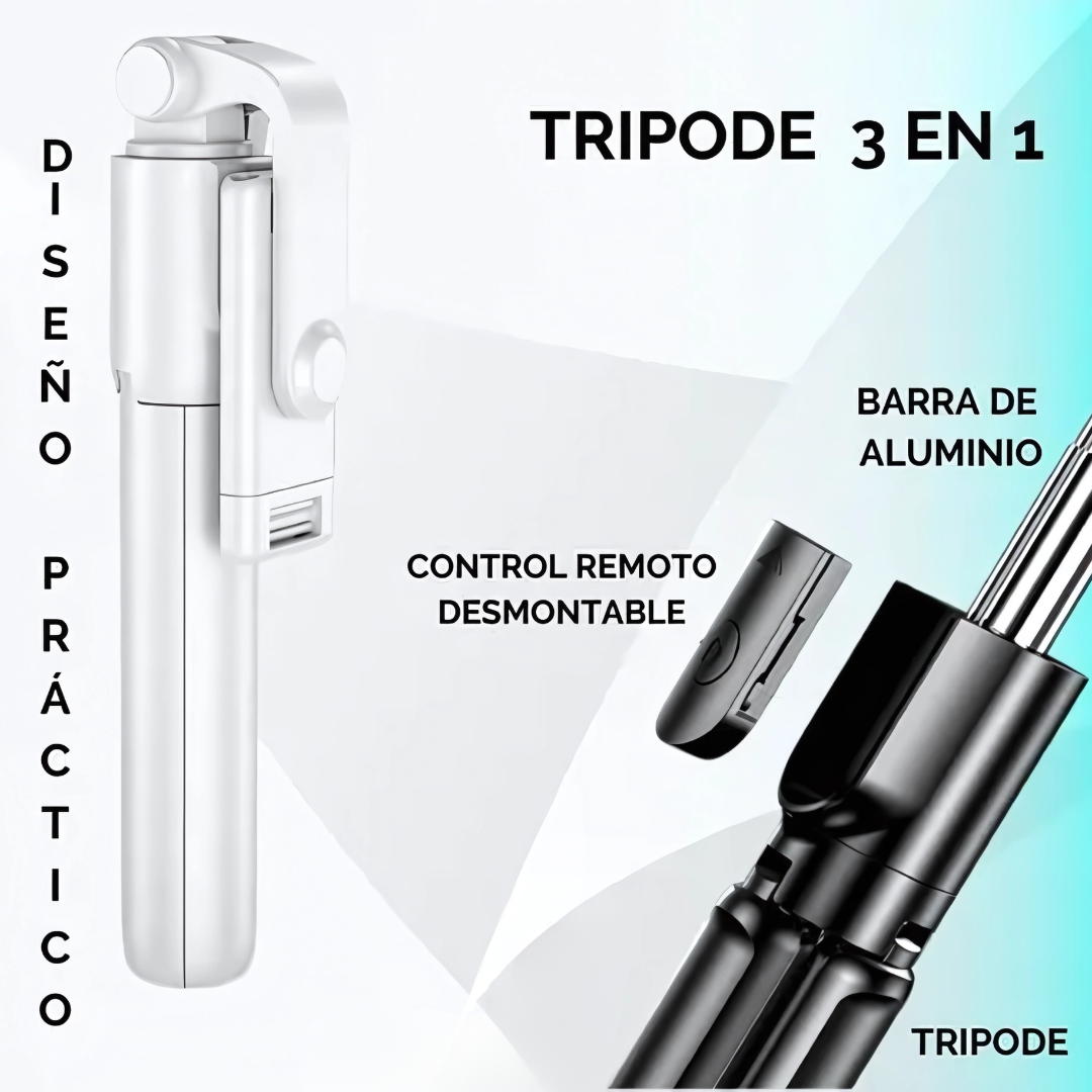 Trípode 3 en 1 – Soporte, selfie stick y control remoto en un solo dispositivo